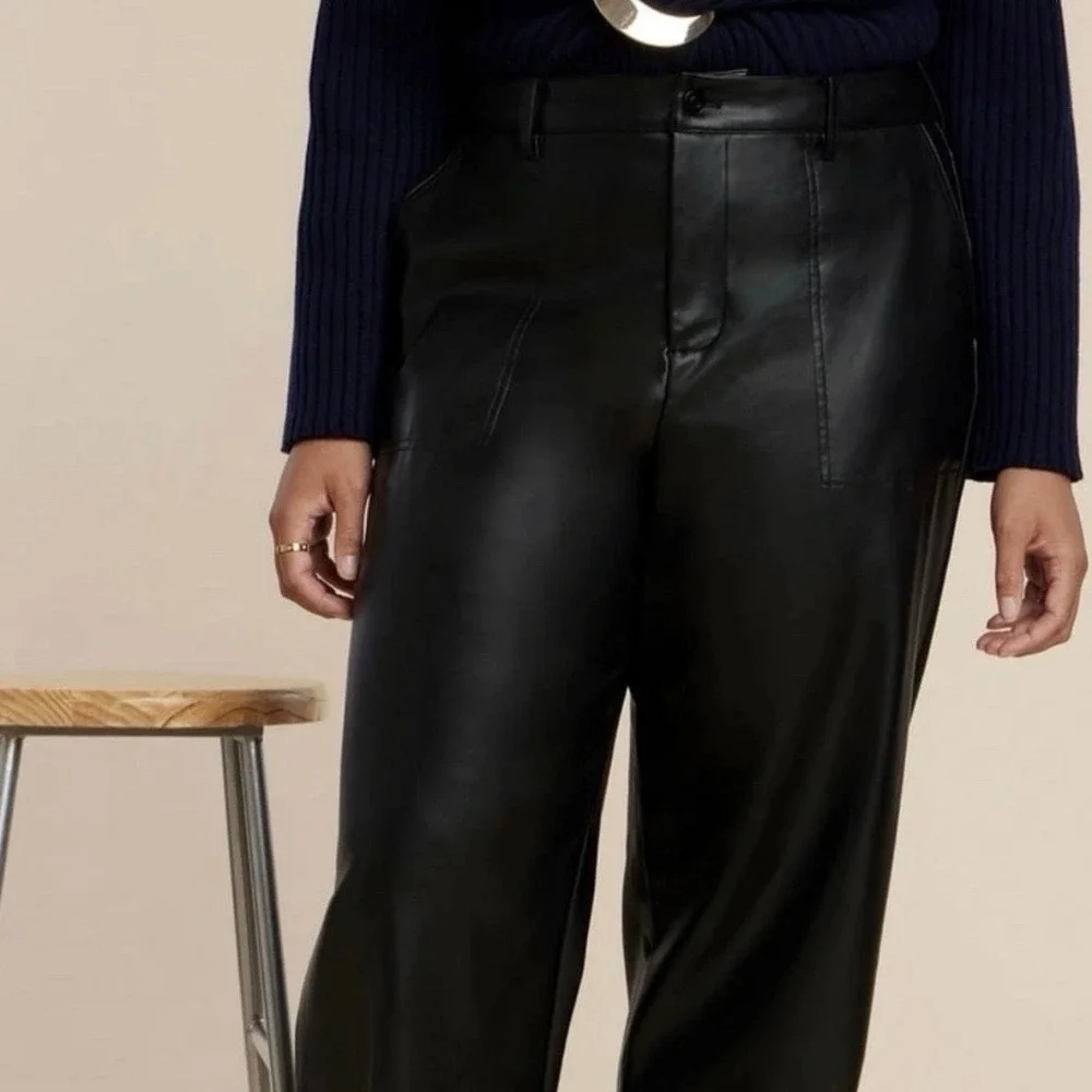 Eloquii Black Faux Leather Straight Leg Pants Plus Size 16 High Rise‎